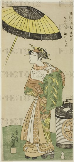 The Actor Segawa Kikunojo II as the Courtesan Hitachi in Part Two of the Play Wada Sakamori Osame no Mitsugumi (Wada’s Carousal: The Last Drink With a Set of Three Cups), Performed at the Ichimura Theater from the Ninth Day of the Second Month, 1771, c. 1771, Ippitsusai Buncho, Japanese, active c. 1755-90, Japan, Color woodblock print, hosoban, 31.7 x 14.3 cm (12 1/2 x 5 5/8 in.)