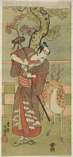 The Actor Ichikawa Yaozo II as Goi no Sho Munesada with a Deer, in the Play Kuni no Hana Ono no Itsumoji (Flower of Japan: Ono no Komachi’s Five Characters), Performed at the Nakamura Theater from the First Day of the Eleventh Month, 1771, c. 1771, Ippitsusai Buncho, Japanese, active c. 1755-90, Publisher: Nishimuraya Yohachi, Japan, Color woodblock print, hosoban, 30.1 x 13.6 cm (11 7/8 x 5 3/8 in.)