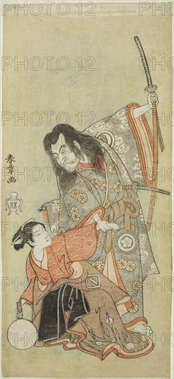 The Actors Sawamura Sojuro II as the priest Shunkan and Azuma Tozo II as Oyasu in the play Hime Komatsu Ne no Hi Asobi (Outing to Pick Pine Seedlings on the Rat-Day of the New Year), c. 1768, Katsukawa Shunsho ?? ??, Japanese, 1726-1792, Japan, Color woodblock print, hosoban, 31.7 x 14.3 cm (12 1/2 x 5 5/8 in.)