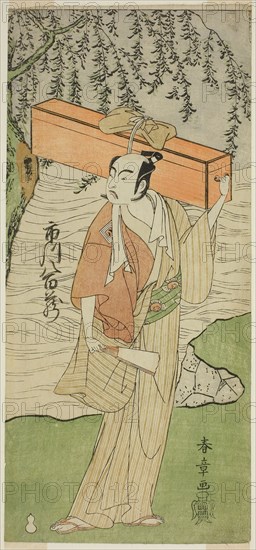 The Actor Ichikawa Yaozo II as Soga no Juro Sukenari Disguised as the Proefessional Jester Senraku (?) in the Play Soga Moyo Aigo no Wakamatsu (?), Performed at the Nakamura Theater (?) in the Second Month, 1769 (?), c. 1769, Katsukawa Shunsho ?? ??, Japanese, 1726-1792, Japan, Color woodblock print, hosoban, 31.3 x 14.1 cm (12 5/16 x 5 9/16 in.)