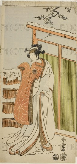 The Actor Segawa Kikunojo II as Yuki Onna (the Snow Woman) in a dance interlude in scene two of the Joruri Courtesan’s Rouge on a Snow White Face (Oyama Beni Yuki no Sugao) from the play Cotton Wadding of Izu Protecting the Matrimonial Chrysanthemums (Myoto-giku Izu no Kisewata), performed at the Ichimura Theater from the first day of the eleventh month, c. 1770, Katsukawa Shunsho ?? ??, Japanese, 1726-1792, Japan, Color woodblock print, center sheet of hosoban triptych, 30.6 x 14.3 cm (12 1/16 x 5 5/8 in.)