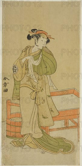 The Actor Yamashita Kinsaku II as Moshio in the Play Izu-goyomi Shibai no Ganjitsu, Performed at the Morita Theater in the Eleventh Month, 1772, c. 1772, Katsukawa Shunsho ?? ??, Japanese, 1726-1792, Japan, Color woodblock print, hosoban, 29.3 x 14 cm (11 9/16 x 5 1/2 in.)