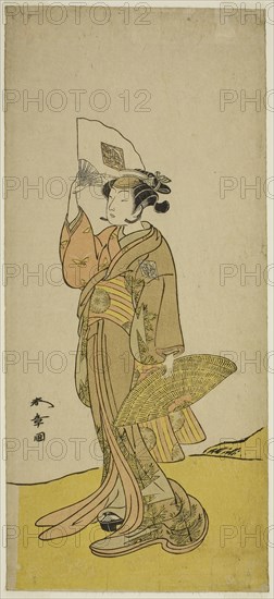 The Actor Nakamura Matsue I as Kasaya Sankatsu (?) in the Play Hana no Gosho Konegen Butai (?), Performed at the Nakamura Theater (?) in the Eighth Month, 1772 (?), c. 1772, Katsukawa Shunsho ?? ??, Japanese, 1726-1792, Japan, Color woodblock print, hosoban, 33.5 x 15.1 cm (13 3/16 x 5 15/16 in.)