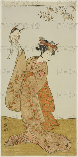 The Actor Segawa Yujiro I as Matsukaze, Sister of Togashi no Saemon, in the Play Gohiiki Kanjincho (Your Favorite Play Kanjincho [The Subscription List]), Performed at the Nakamura Theater from the First Day of the Eleventh Month, 1773, c. 1773, Katsukawa Shunsho ?? ??, Japanese, 1726-1792, Japan, Color woodblock print, hosoban, possibly the left sheet of triptych, 30.2 x 14.3 cm (11 7/8 x 5 5/8 in.)