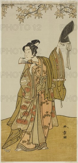 The Actor Ichikawa Monnosuke II as Shimokobe Shoji Yukihira, in the Play Gohiiki Kanjincho (Your Favorite Play Kanjincho [The Subscription List]), Performed at the Nakamura Theater from the First Day of the Eleventh Month, 1773, c. 1773, Katsukawa Shunsho ?? ??, Japanese, 1726-1792, Japan, Color woodblock print, hosoban, center sheet of triptych (?), 30.2 x 14.3 cm (11 7/8 x 5 5/8 in.)