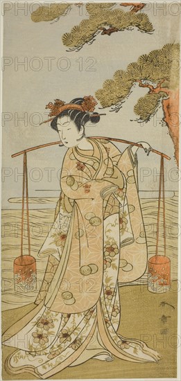 The Actor Segawa Kitsuji III as Murasame in the Play Gohiiki Kanjincho, Performed at the Nakamura Theater in the Eleventh Month, 1773, c. 1773, Katsukawa Shunsho ?? ??, Japanese, 1726-1792, Japan, Color woodblock print, hosoban, right sheet of triptych (?), 29.8 x 14.5 cm (11 3/4 x 5 11/16 in.)