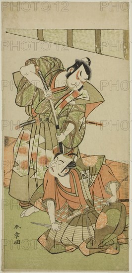 The Actors Ichikawa Yaozo II as Konoshita Hyokichi (?) (right), and Sakata Hangoro II as Matsunaga Daizen Hisahide (?) (left), in the Play Gion Sairei Shinko Ki (?), Perfomred at the Ichimura Theater (?) in the Fifth Month, 1775 (?), c. 1775, Katsukawa Shunsho ?? ??, Japanese, 1726-1792, Japan, Color woodblock print, hosoban, 32.3 x 15.3 cm (12 11/16 x 6 in.)