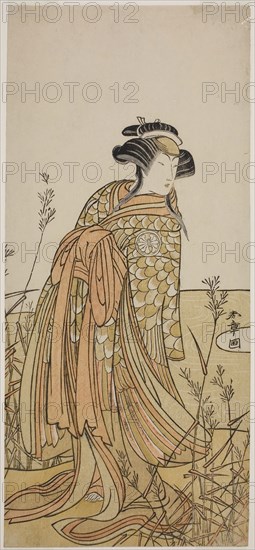 The Actor Segawa Kikunojo III as Spirit of a Mandarin Duck (Oshidori) Disguised as Tagasode, in the Play Hana-zumo Genji Hiiki, Performed at the Nakamura Theater in the Eleventh Month, 1775, c. 1775, Katsukawa Shunsho ?? ??, Japanese, 1726-1792, Japan, Color woodblock print, hosoban, left sheet of diptych, 30.7 x 13.8 cm (12 1/6 x 5 7/16 in.)