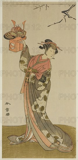 The Actor Arashi Hinaji I as Hananoi in the Play Gosho-zakura Horikawa Youchi, Performed at the Ichimura Theater in the Fourth Month, 1773, c. 1773, Katsukawa Shunsho ?? ??, Japanese, 1726-1792, Japan, Color woodblock print, hosoban, left sheet of diptych (?), 30.5 x 14.3 cm (12 x 5 5/8 in.)