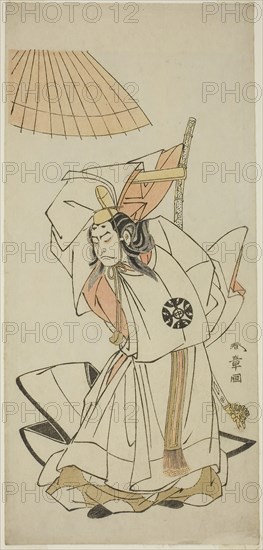 The Actor Nakamura Nakazo I as Prince Koreakira, Younger Brother of Emperor Go-Toba, in the Play Gohiiki Kanjincho (Your Favorite Play Kanjincho [The Subscription List]), Performed at the Nakamura Theater from the First Day of the Eleventh Month, 1773, c. 1773, Katsukawa Shunsho ?? ??, Japanese, 1726-1792, Japan, Color woodblock print, hosoban, 32.5 x 14.9 cm (12 13/16 x 5 7/8 in.)