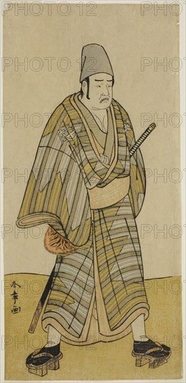 The Actor Otani Hiroemon III as Gokumon Shobei in the Play Sugata no Hana Kurofune Zukin, Performed at the Morita Theater in the Ninth Month, 1774, c. 1774, Katsukawa Shunsho ?? ??, Japanese, 1726-1792, Japan, Color woodblock print, hosoban, from a multisheet composition (?), 29.6 x 14 cm (11 5/8 x 5 1/2 in.)