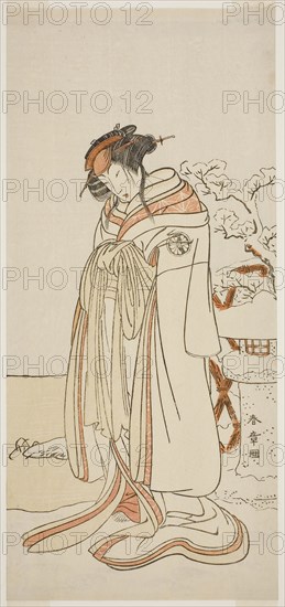 The Actor Segawa Kikunojo III as the Courtesan Kisewata (Tagasode) (?) in the Play Hana-zumo Genji Hiiki (?), Performed at the Nakamura Theater (?) in the Eleventh Month, 1775 (?), c. 1775, Katsukawa Shunsho ?? ??, Japanese, 1726-1792, Japan, Color woodblock print, hosoban, 31.1 x 14.2 cm (12 1/4 x 5 9/16 in.)
