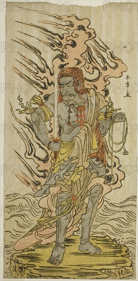 The Actor Ichikawa Danjuro V as a Stone Image of Fudo Myoo in the Play Kitekaeru Nishiki no Wakayaka, Performed at the Nakamura Theater in the Eleventh Month, 1780, c. 1780, Katsukawa Shunsho ?? ??, Japanese, 1726-1792, Japan, Color woodblock print, hosoban, left sheet of diptych, 31.1 x 14.8 cm (12 1/4 x 5 13/16 in.)