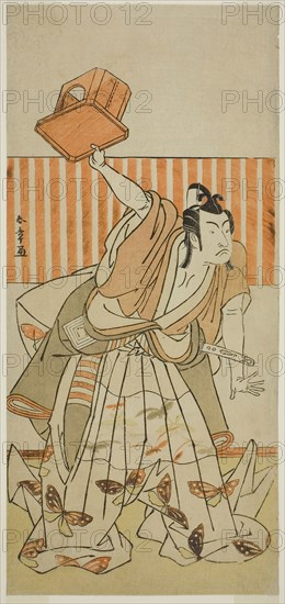 The Actor Ichikawa Monnosuke II as Ageha no Chokichi Disguised as Soga no Goro Tokimune in the Play Kaido Ichi Yawaragi Soga, Performed at the Nakamura Theater in the Third Month, 1778, c. 1778, Katsukawa Shunsho ?? ??, Japanese, 1726-1792, Japan, Color woodblock print, hosoban, from a multisheet composition, 31.8 x 14.7 cm (12 1/2 x 5 13/16 in.)