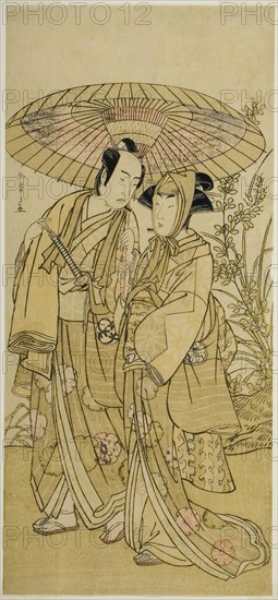 The Actors Segawa Kikunojo III (right) as Ochiyo, and Bando Mitsugoro I (left) as the Greengrocer Hambei, in the Play Kabuki no Hana Bandai Soga, Performed at the Ichimura Theater in the Fourth Month, 1781, c. 1781, Katsukawa Shunsho ?? ??, Japanese, 1726-1792, Japan, Color woodblock print, hosoban, left sheet of diptych, 31.6 x 14.5 cm (12 7/16 x 5 11/16 in.)