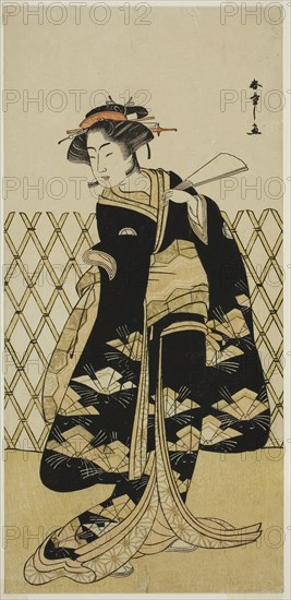 The Actor Iwai Hanshiro IV as Mitsuogiya Usukumo in the Play Shida Choja-bashira, Performed at the Nakamura Theater in the Eighth Month, 1781, c. 1781, Katsukawa Shunsho ?? ??, Japanese, 1726-1792, Japan, Color woodblock print, hosoban, right sheet of diptych, 30.3 x 14.5 cm (11 15/16 x 5 11/16 in.)