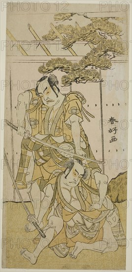 The Actors Otani Hiroji III as Onio Shinzaemon (right), and Nakamura Sukegoro II as Wappa no Kikuo (left) in the Play Iro Moyo Aoyagi Soga, Performed at the Nakamura Theater in the First Month, 1775, c. 1775, Katsukawa Shunko I, Japanese, 1743-1812, Japan, Color woodblock print, hosoban, 29.5 x 13.7 cm (11 5/8 x 5 3/8 in.)