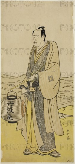 The Actor Ichikawa Danjuro V as Tambaya Suketaro in the Play On’ureshiku Zonji Soga, Performed at the Ichimura Theater in the Second Month, 1790, c. 1790, Katsukawa Shunko I, Japanese, 1743-1812, Japan, Color woodblock print, hosoban, 31 x 13.9 cm (12 3/16 x 5 1/2 in.)
