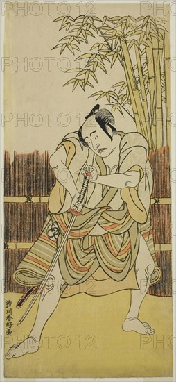 The Actor Bando Mitsugoro I as Ogata no Saburo Disguised as Yoroya Takiemon in the Play Mure Takamatsu Yuki no Shirahata, Performed at the Ichimura Theater in the Eleventh Month, 1780, c. 1780, Katsukawa Shunko I, Japanese, 1743-1812, Japan, Color woodblock print, hosoban, right sheet of diptych (?), 32.2 x 14.4 cm (12 11/16 x 5 11/16 in.)