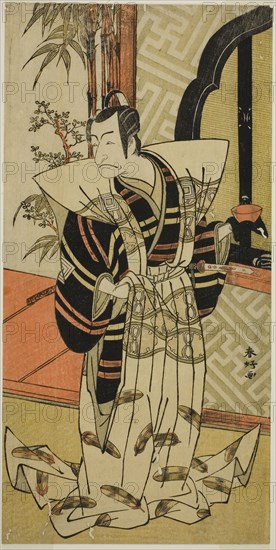 The Actor Ichikawa Danjuro V as Kajiwara Heiji (?) in the Play Hiragana Seisuiki (?), Performed at the Morita Theater (?) in the Third Month, 1776 (?), c. 1776, Katsukawa Shunko I, Japanese, 1743-1812, Japan, Color woodblock print, hosoban, 29.2 x 14.6 cm (11 1/2 x 5 3/4 in.)