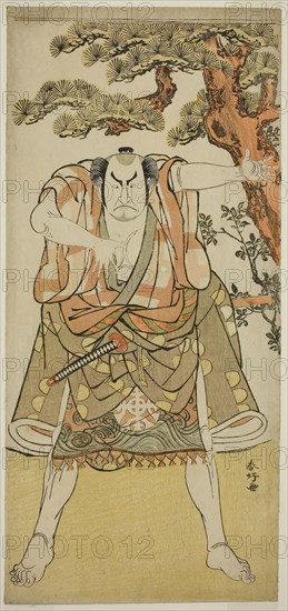 The Actor Nakamura Nakazo I as the Yakko Nakahei Disguised as Miura Arajiro (?) from the Play Ise Heishi Eigo no Koyomi (?), Performed at the Ichimura Theater (?) in the Eleventh Month, 1782 (?), c. 1782, Katsukawa Shunko I, Japanese, 1743-1812, Japan, Color woodblock print, hosoban, 32.6 x 15.1 cm (12 13/16 x 5 15/16 in.)