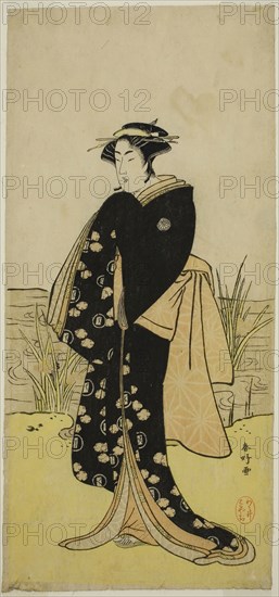 The Actor Segawa Kikunojo III as Oshichi in the Play Junshoku Edo Murasaki, Performed at the Ichimura Theater in the First Month, 1779, c. 1779, Katsukawa Shunko I, Japanese, 1743-1812, Japan, Color woodblock print, hosoban, right sheet of diptych (?), 32.6 x 14.9 cm (12 13/16 x 5 7/8 in.)