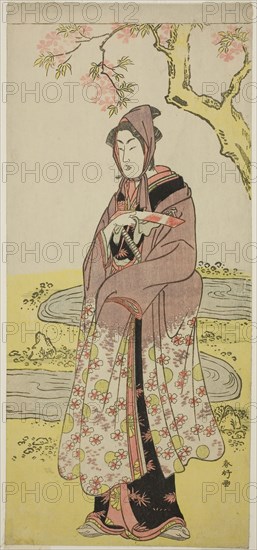 The Actor Segawa Kikunojo III as Kumenosuke in the Play Keisei Natori Soga, Performed at the Kiri Theater in the Second Month, 1788, c. 1788, Katsukawa Shunko I, Japanese, 1743-1812, Japan, Color woodblock print, hosoban, right sheet of diptych (?), 33 x 14.8 cm (13 x 5 13/16 in.)