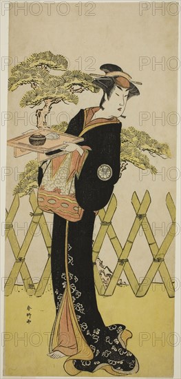 The Actor Segawa Tomisaburo II as Lady Masago (Masago Gozen) (?) in the Play Genji Saiko Kogane no Tachibana (?), Performed at the Ichimura Theater (?) in the Eleventh Month, 1788 (?), c. 1788, Katsukawa Shunko I, Japanese, 1743-1812, Japan, Color woodblock print, hosoban, from a multisheet composition (?), 32.1 x 14.5 cm (12 5/8 x 5 11/16 in.)