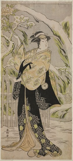 The Actor Iwai Hanshiro IV as Lady Yaehata in the Play Sanga no Sho Haru no Hanayome, Performed at the Kiri Theater in the Eleventh Month, 1787, c. 1787, Katsukawa Shunko I, Japanese, 1743-1812, Japan, Color woodblock print, hosoban, left sheet of diptych, 31.8 x 14.4 cm (12 1/2 x 5 11/16 in.)