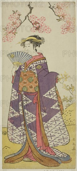 The Actor Ichikawa Komazo II as the Spirit of Lady Shiragiku in the Play Hatsu Midori Saiwai Soga, Performed at the Kawarazaki Theater in the Third Month, 1791, c. 1791, Katsukawa Shun’ei, Japanese, 1762-1819, Japan, Color woodblock print, hosoban, 31.7 x 14 cm (12 1/2 x 5 1/2 in.)