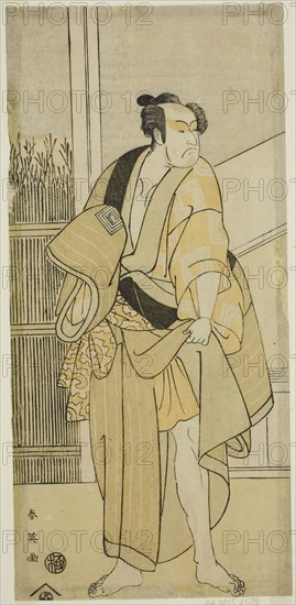 The Actor Ichikawa Monnosuke II as Hiranoya Tokubei (?) in the Play Waka Murasaki Edokko Soga (?), Performed at the Ichimura Theater (?) in the Third Month, 1792 (?), c. 1792, Katsukawa Shun’ei, Japanese, 1762-1819, Japan, Color woodblock print, hosoban, left sheet of triptych (?), 28.5 x 13.5 cm (11 1/4 x 5 5/16 in.)