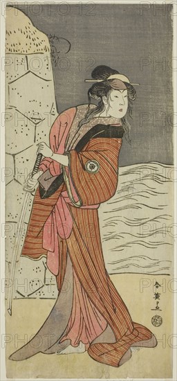 The Actor Iwai Hanshiro IV as Yaegushi no Oroku (?) in the Play Keisei Kogane no Hakarime (?), Performed at the Kawarazaki Theater (?) in the Third Month, 1792 (?), c. 1792, Katsukawa Shun’ei, Japanese, 1762-1819, Japan, Color woodblock print, hosoban, 31.6 x 14.2 cm (12 7/16 x 5 9/16 in.)