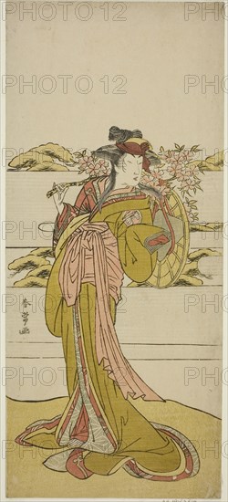 The Actor Segawa Kikunojo III as Onatsu in the Play Kabuki no Hana Bandai Soga, Performed at the Ichimura Theater in the Third Month, 1781, c. 1781, Katsukawa Shunjo, Japanese, died 1787, Japan, Color woodblock print, hosoban, left sheet of diptych (?), 33.1 x 14.6 cm (13 x 5 3/4 in.)