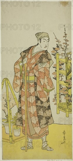 The Actor Matsumoto Koshiro IV as the Plant Seller Awashima no Yonosuke in the Play Mukashi Otoko Yuki no Hinagata, Performed at the Ichimura Theater in the Eleventh Month, 1781, c. 1781, Katsukawa Shunsen, Japanese, active 1780s-early 1790s, Japan, Color woodblock print, hosoban, 32.5 x 14.5 cm (12 13/16 x 5 11/16 in.)
