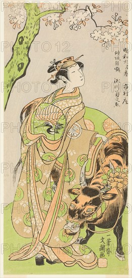 The Actor Segawa Kikunojo II as the Courtesan Maizuru in the Play Furisode Kisaragi Soga (Soga of the Long, Hanging Sleeves in the Second Month), Performed at the Ichimura Theater from the Twentieth Day of the Second Month, 1772, c. 1772, Ippitsusai Buncho, Japanese, active c. 1755-90, Japan, Color woodblock print, hosoban, 30.2 x 13.8 cm (11 7/8 x 5 7/16 in.)