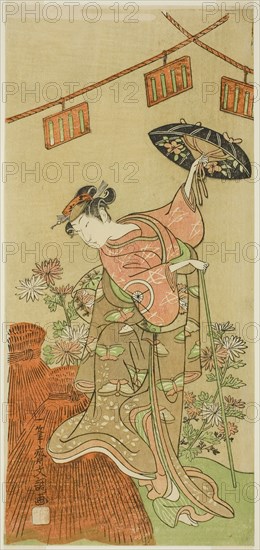 The Actor Iwai Hanshiro IV as Otatsu-gitsune in the Play Nue no Mori Ichiyo no Mato, Performed at the Nakamura Theater in the Eleventh Month, 1770, c. 1770, Ippitsusai Buncho, Japanese, active c. 1755-90, Japan, Color woodblock print, hosoban, 31.5 x 14.5 cm (12 3/8 x 5 11/16 in.)