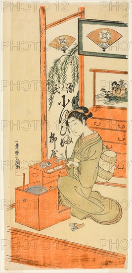 Ofuji of the Yanagi Shop, c. 1769, Ippitsusai Buncho, Japanese, active c. 1755-90, Japan, Color woodblock print, hosoban, 32.6 x 15.5 cm (12 13/16 x 6 1/8 in.)