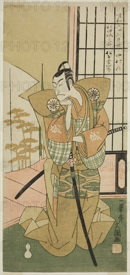 The Actor Matsumoto Koshiro III as Akita Jonosuke in the Play Kawaranu Hanasakae Hachi no Ki, Performed at the Nakamura Theater in the Eleventh Month, 1769, c. 1769, Ippitsusai Buncho, Japanese, active c. 1755-90, Japan, Color woodblock print, hosoban, 31.9 x 14.8 cm (12 9/16 x 5 13/16 in.)
