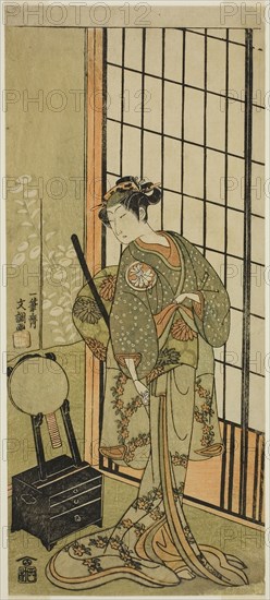 The Actor Segawa Kikunojo II as Princess Hitomaru (Hitormaru Hime) (?) in te Play Soga Moyo Aigo no Wakamatsu (?), Performed at the Nakamura Theater (?) in the First Month, 1769 (?), c. 1769, Ippitsusai Buncho, Japanese, active c. 1755-90, Japan, Color woodblock print, hosoban, 31.3 x 13.8 cm (12 5/16 x 5 7/16 in.)