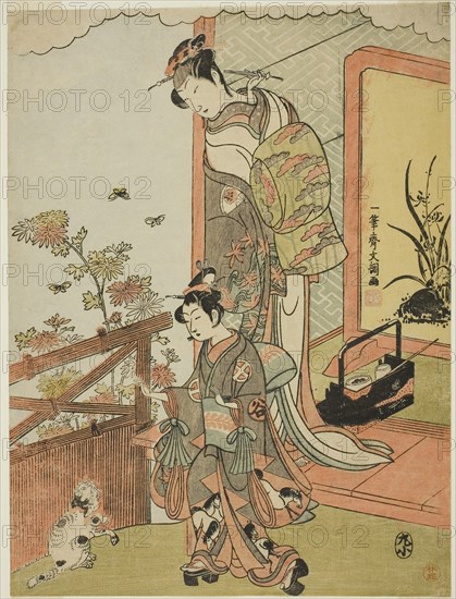 The Actor Onoe Matsusuke I as Oiso no Tora (?) (right), and Otani Taniji (left), c. 1770, Ippitsusai Buncho, Japanese, active c. 1755-90, Japan, Color woodblock print, chuban, 25.9 x 19.3 cm (10 3/16 x 7 5/8 in.)