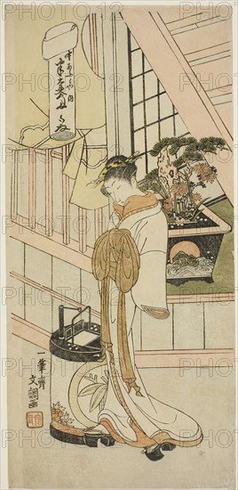 The Courtesan Handayu of the Nakaomiya House of Pleasure, from the series Fuji-bumi (Folded Love-letters), c. 1769/70, Ippitsusai Buncho, Japanese, active c. 1755-90, Japan, Color woodblock print, hosoban, 31.9 x 15.1 cm (12 9/16 x 5 15/16 in.)