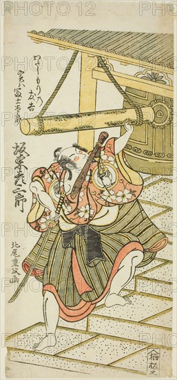The Actor Bando Hikosaburo II as Fujitaro, disguised as the ferryman Tomokichi, in the play Shomei Mugen no Kane, performed at the Nakamura Theater in the ninth month, 1767, 1767, Kitao Shigemasa, Japanese, 1739-1820, Japan, Color woodblock print, hosoban, benizuri-e, 12 x 5 3/8 in.