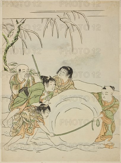 Five Young Boys Rolling a Large Snowball, c. 1772, Attributed to Isoda Koryusai, Japanese, 1735-1790, Japan, Color woodblock print, chuban, 10 1/2 x 7 3/4 in.