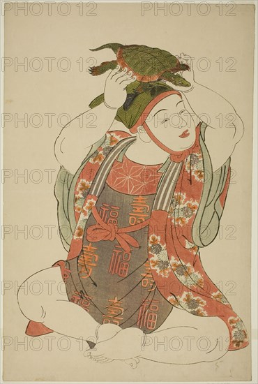 Boy as Jurojin, from an untitled series of children as the Seven Gods of Good Fortune, 1780s, Kitao Shigemasa, Japanese, 1739-1820, Japan, Color woodblock print, oban, 15 1/2 x 10 1/8 in.