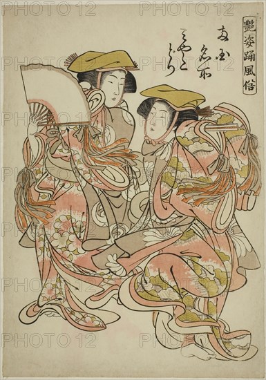 The Oystercatcher Dance (Miyakodori), from the series Beautiful Dance Customs (Adesugata odori fuzoku), c. 1778, Kitao Shigemasa, Japanese, 1739-1820, Japan, Color woodblock print, chuban, 12 1/2 x 8 3/4 in.