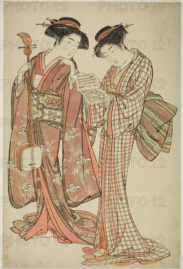 Two Geisha Holding a Shamisen and a Song Book, c. 1777, Attributed to Kitao Shigemasa, Japanese, 1739-1820, Japan, Color woodblock print, oban, 15 1/4 x 10 1/8 in.
