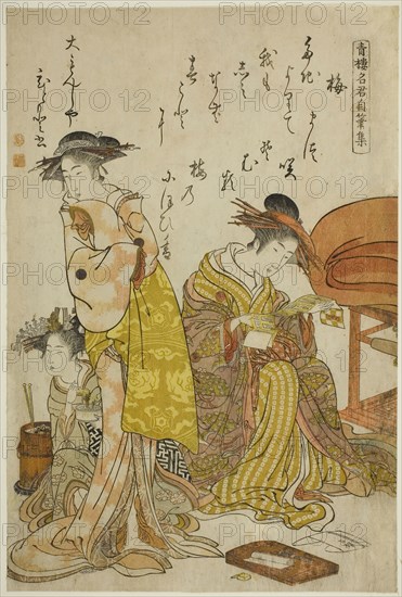 The Courtesan Hitomoto of the Daimonjiya, from the album Comparing New Beauties of the Yoshiwara, A Mirror of Their Own Writings (Keisei shin bijin awase jikihitsu kagami), 1784, Kitao Masanobu (Santo Kyoden), Japanese, 1761–1816, Japan, Color woodblock print, right sheet of double-page illustration from book, 37 x 25 cm (14 9/16 x 9 13/16 in.)