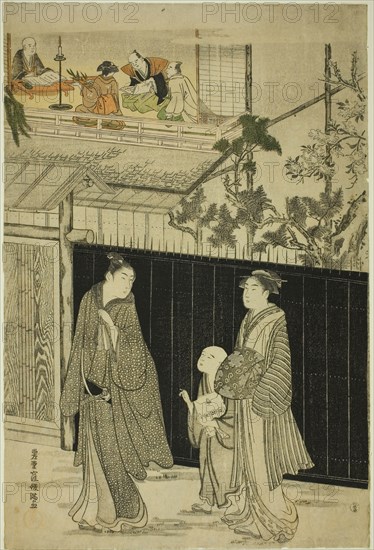 Returning from a Poetry Gathering, c. 1785/89, Kubo Shunman, Japanese, 1757–1820, Japan, Color woodblock print, center sheet of oban triptych (right: 1925.2572), 38.5 x 25.9 cm (15 1/8 x 10 3/16 in.)
