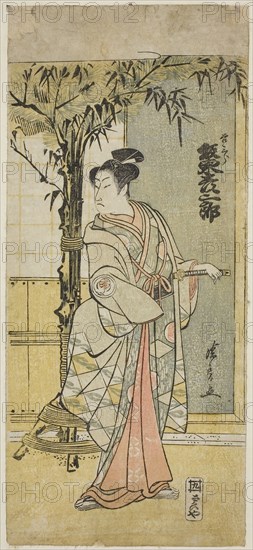 The Actor Bando Hikosaburo III as Kichisaburo in the play Junshoku Edo Murasaki, performed at the Ichimura Theater in the first month, 1779, 1779, Torii Kiyonaga, Japanese, 1752-1815, Japan, Color woodblock print, hosoban, 31.1 x 13.7 cm