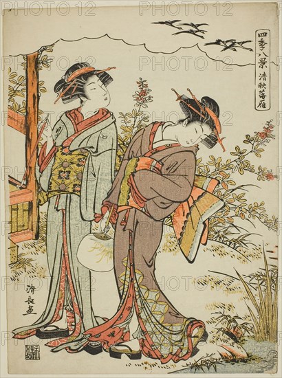 Geese Descending in Mid Autumn (Seishu no rakugan), from the series Eight Scenes of the Four Seasons (Shiki hakkei), c. 1779, Torii Kiyonaga, Japanese, 1752-1815, Japan, Color woodblock print, chuban, 26.1 x 19.3 cm